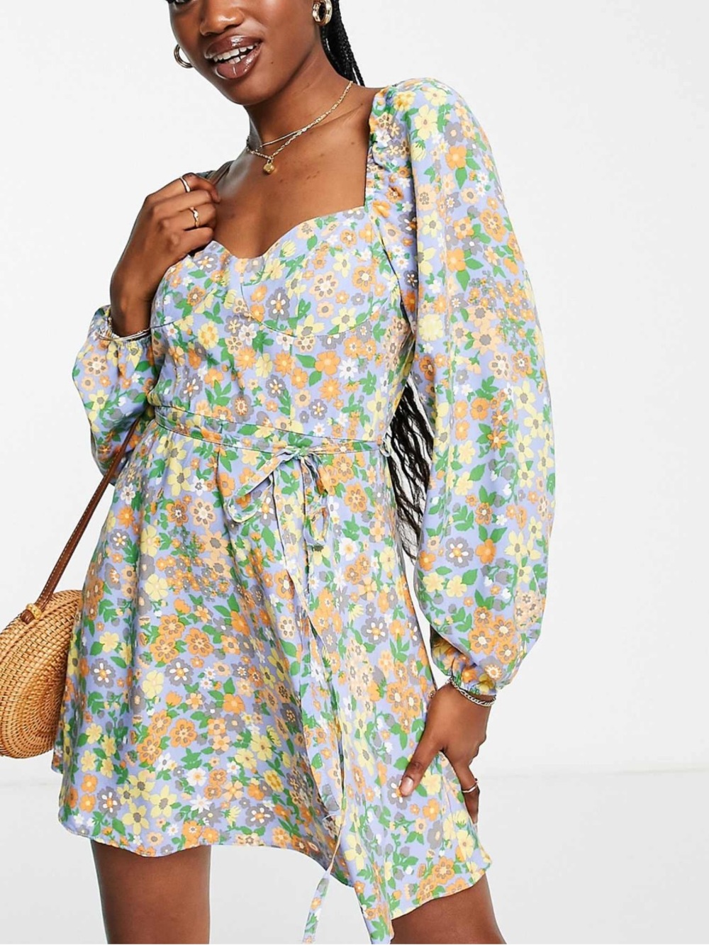 ASOS Pastel Floral Corset Mini Dress in Lavender, Yellow & Green